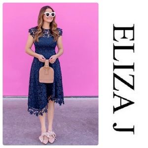 Eliza J Asymmetrical Lace Fit & Flare Dress Navy 6